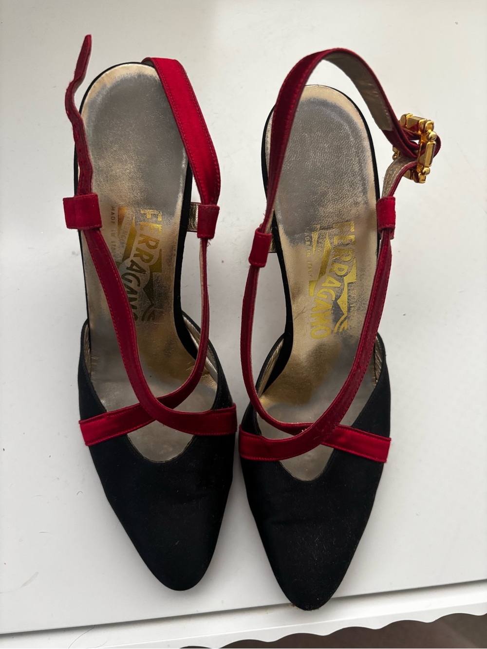 Salvatore Ferragamo Black Pointed Slingback Heels with Red Straps